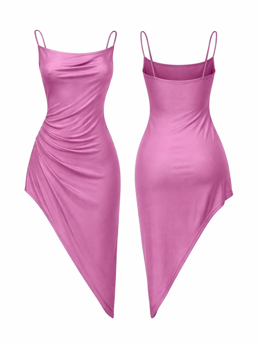 Satin Asymmetric Slit Spaghetti Strap Dress in Light purple